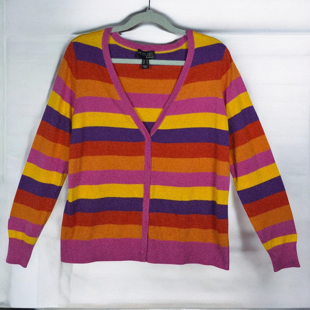 Attitudes by‎ Renée Cardigan Sweater Womens Medium Striped Colorful Rainbow Knit